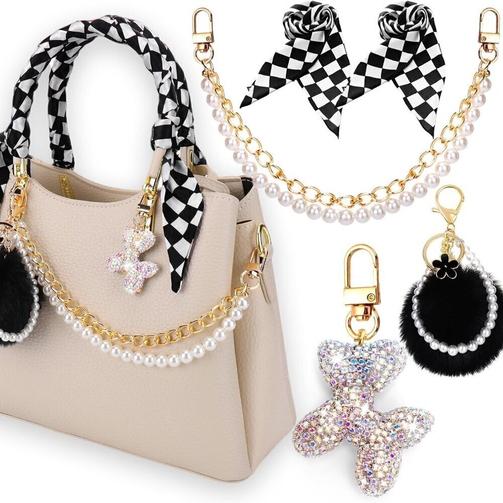 5Pcs Bag Charms Set for Handbags Purses Rhinestone Pearl Chain Keychains